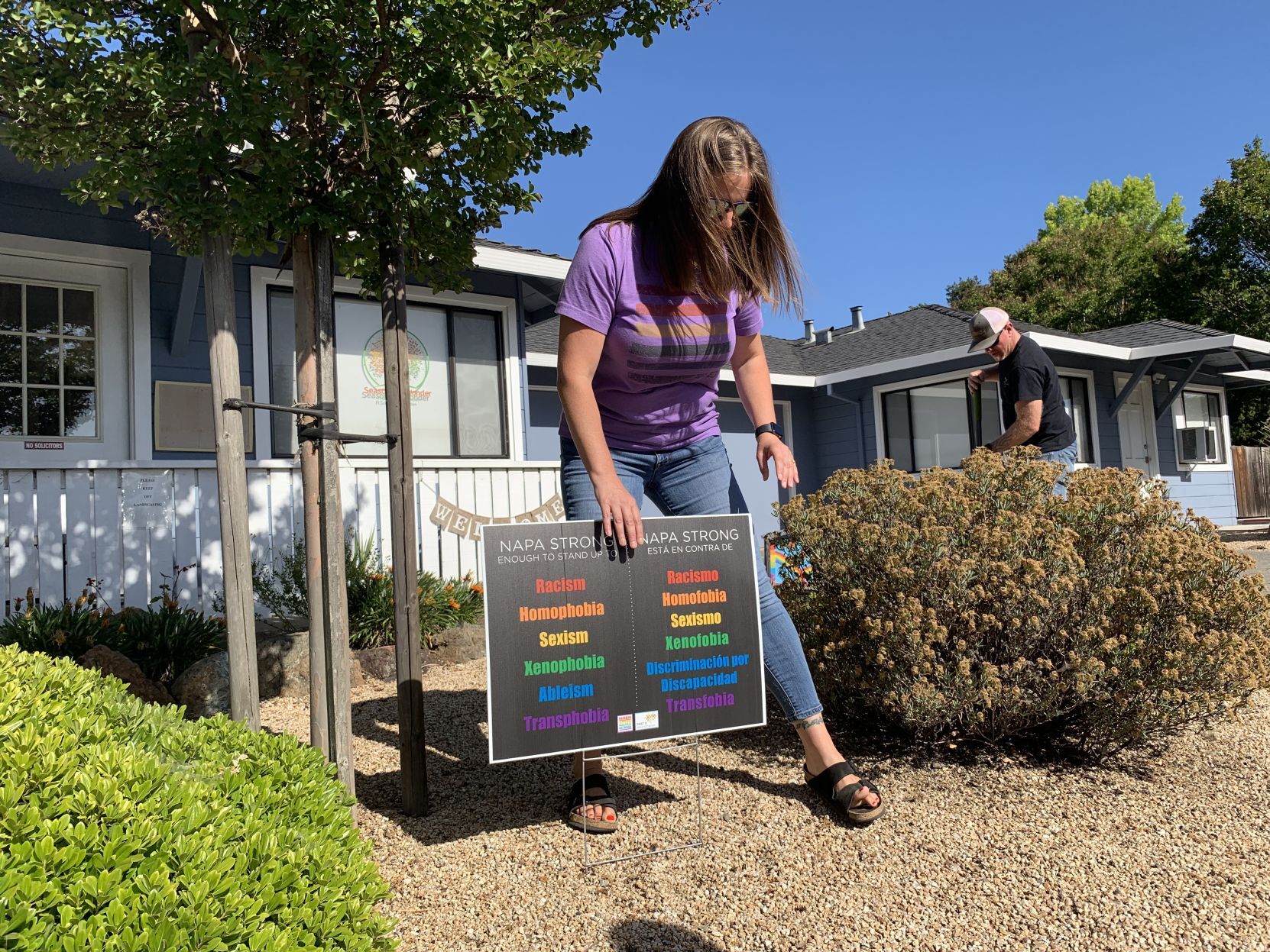 "Napa Strong" sign at Seasons of Wonder preschool in Napa.